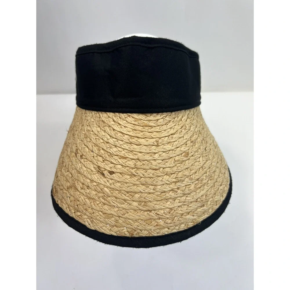Straw Visor Hat Stretch Headband with Black Trim Womens 